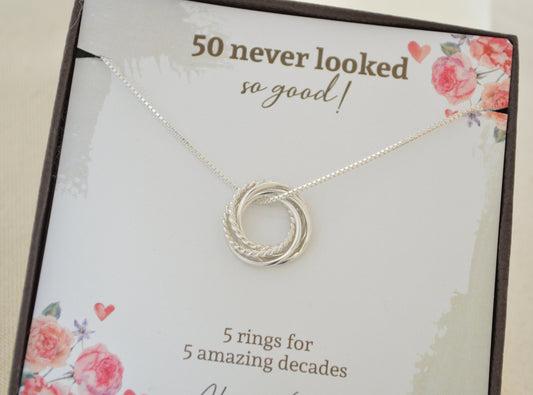 50th Birthday jewelry for women, 5 Rings for 5 decades necklace, 50th Gifts for wife, Gift for 50 year old, Milestone gifts, Sterling Silver