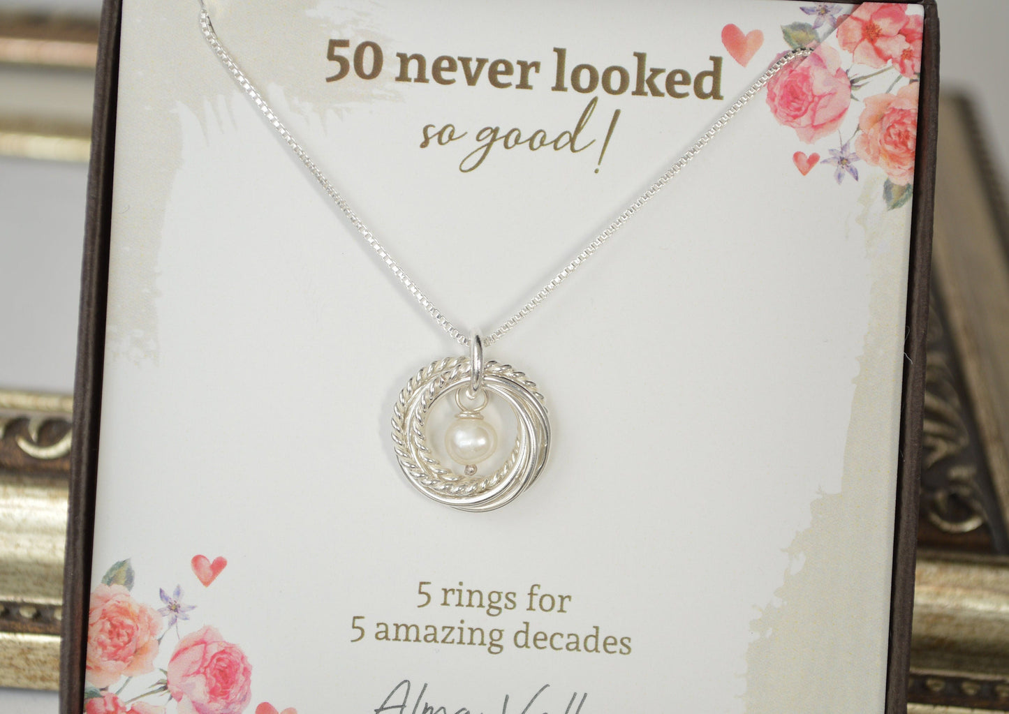 50th Birthday jewelry for women, 5 Rings necklace, 50th Birthday gifts for women, 5 Decade necklace, Milestone gift, Birthstone necklace