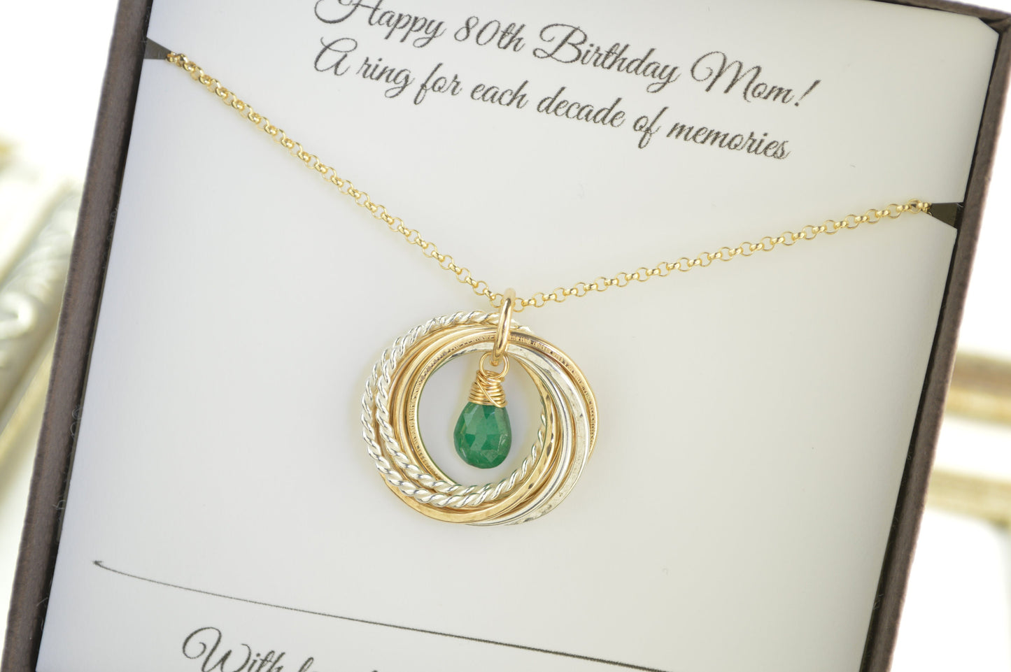 80th Birthday gift for mom, 8 Mixed metal rings necklace, 8th Anniversary gift for women, May birthstone necklace, Gold emerald necklace