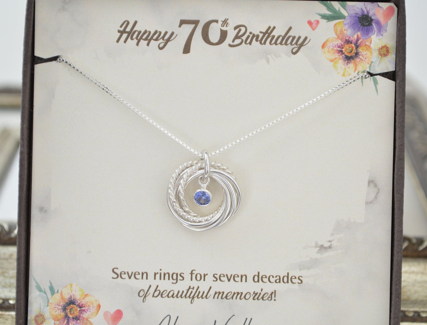 70th Birthday Gifts for Women, 7 Silver Rings Necklace for Her, 70th Birthday Gift for Mom Grandma, Small Silver Necklace with Birthstone