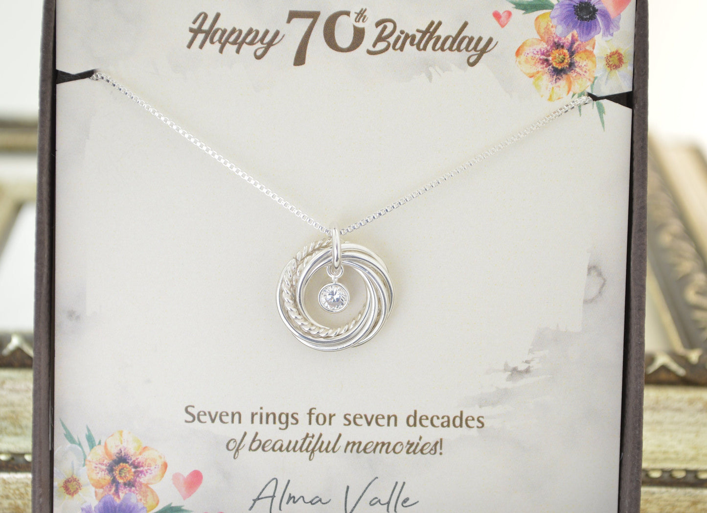 70th Birthday Gifts for Women, 7 Silver Rings Necklace for Her, 70th Birthday Gift for Mom Grandma, Small Silver Necklace with Birthstone