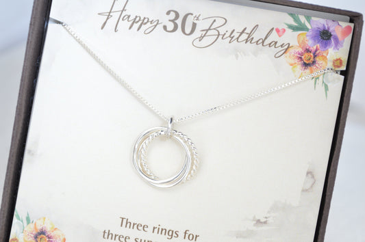 30th Birthday gift for her, 30th Birthday gift for daughter, Milestone gifts, 3 Rings 3 decades necklace, 3 Sister necklace, 3 Bestfriend