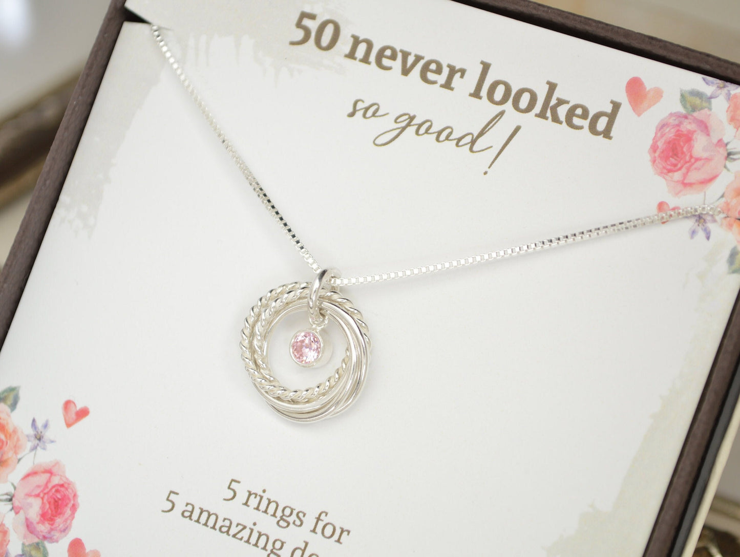 50th Birthday Necklace, 5 Rings Necklace, Milestone Birthday Gift, Birthstone Necklace, 50th Birthday Gifts for Women, Sterling Silver