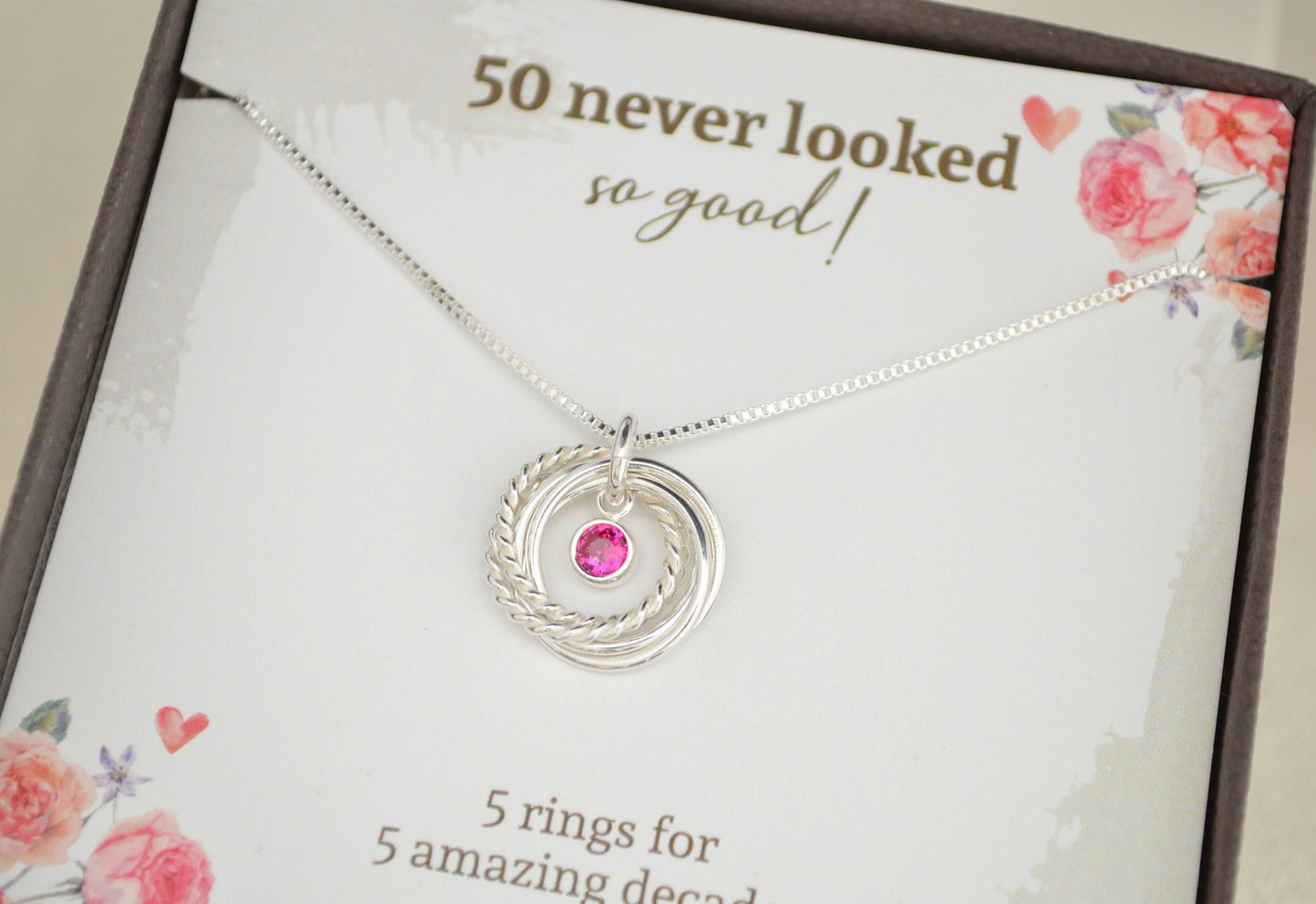 50th Birthday Necklace, 5 Rings Necklace, Milestone Birthday Gift, Birthstone Necklace, 50th Birthday Gifts for Women, Sterling Silver