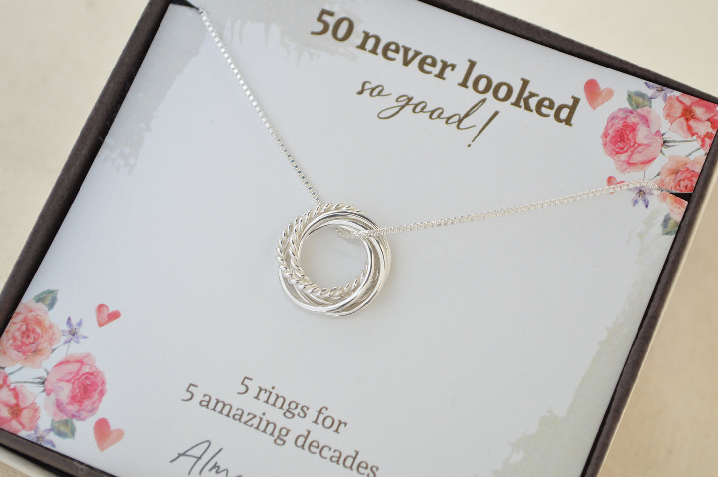 50th Birthday jewelry for women, 5 Rings for 5 decades necklace, 50th Gifts for wife, Gift for 50 year old, Milestone gifts, Sterling Silver