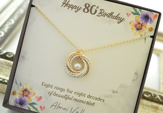 80th Birthday Gift for Women, 8 Rings Necklace, Mixed Metals Necklace, 80th Birthday Jewelry, Milestone Birthstone Necklace, Gift for Her