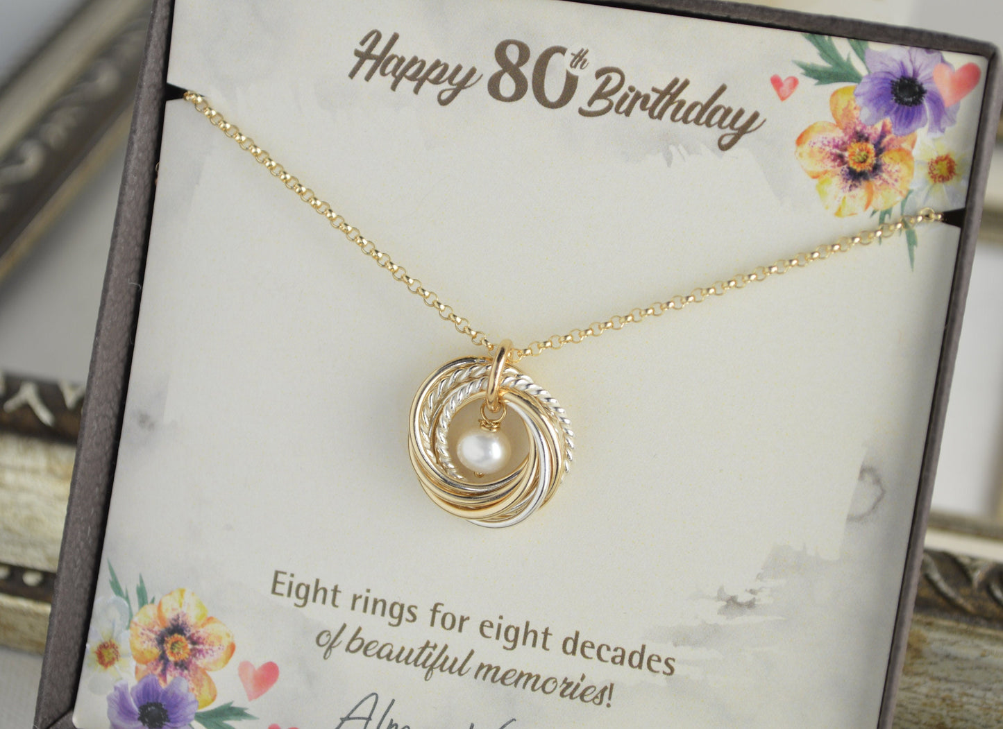 80th Birthday Gift for Women, 8 Rings Necklace, Mixed Metals Necklace, 80th Birthday Jewelry, Milestone Birthstone Necklace, Gift for Her