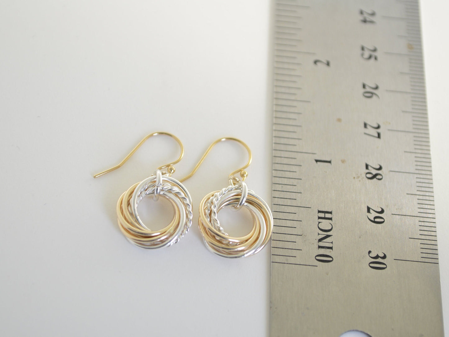 70th Birthday Gift for Mom, 7 Rings Mixed Metal Earrings, 70th Birthday Jewelry for Women, Small Interlocking Earrings, Anniversary Gift