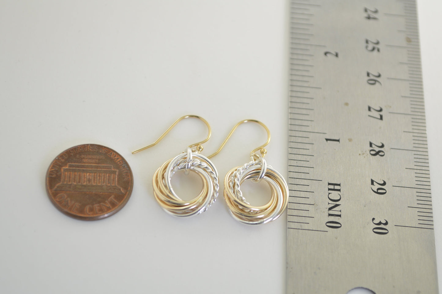 70th Birthday Gift for Mom, 7 Rings Mixed Metal Earrings, 70th Birthday Jewelry for Women, Small Interlocking Earrings, Anniversary Gift