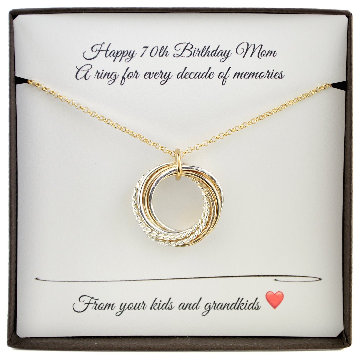 70th Birthday Gift for Mom, 7 Rings Necklace, Mixed Metals Necklace, 7th Anniversary Gift for Her, 70th Birthday Gift for Women