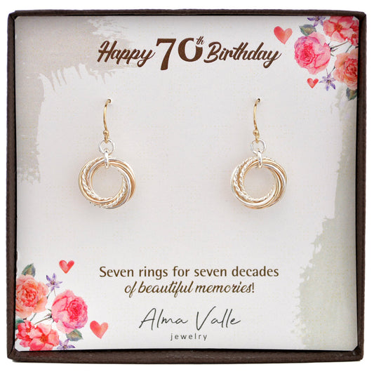 70th Birthday Gift for Mom, 7 Rings Mixed Metal Earrings, 70th Birthday Jewelry for Women, Small Interlocking Earrings, Anniversary Gift