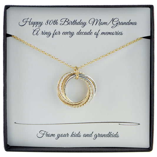 80th Birthday Necklace, 8 Rings Necklace, 80th Birthday Gift for Mom, 8 Rings Gold Necklace, 8 Mixed Metal Necklace