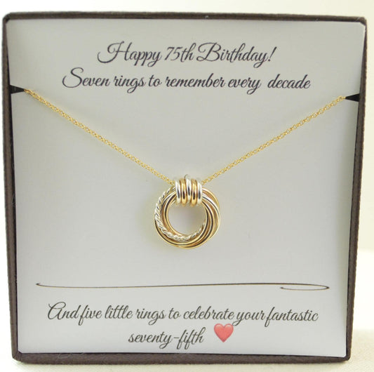 75th Birthday Gift for Women, Mixed Metal Necklace, 75th Birthday Gift for Mom and Grandma, Gold Necklace, 75th Gift Small Necklace