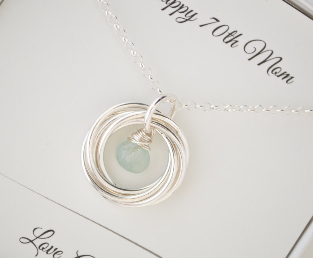 70th Birthday gift for women, 7 Rings 7 decades, March birthstone necklace, 70th Birthday gift , Aquamarine necklace, 7 Anniversary gift