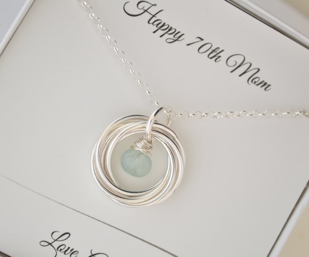 70th Birthday gift for women, 7 Rings 7 decades, March birthstone necklace, 70th Birthday gift , Aquamarine necklace, 7 Anniversary gift