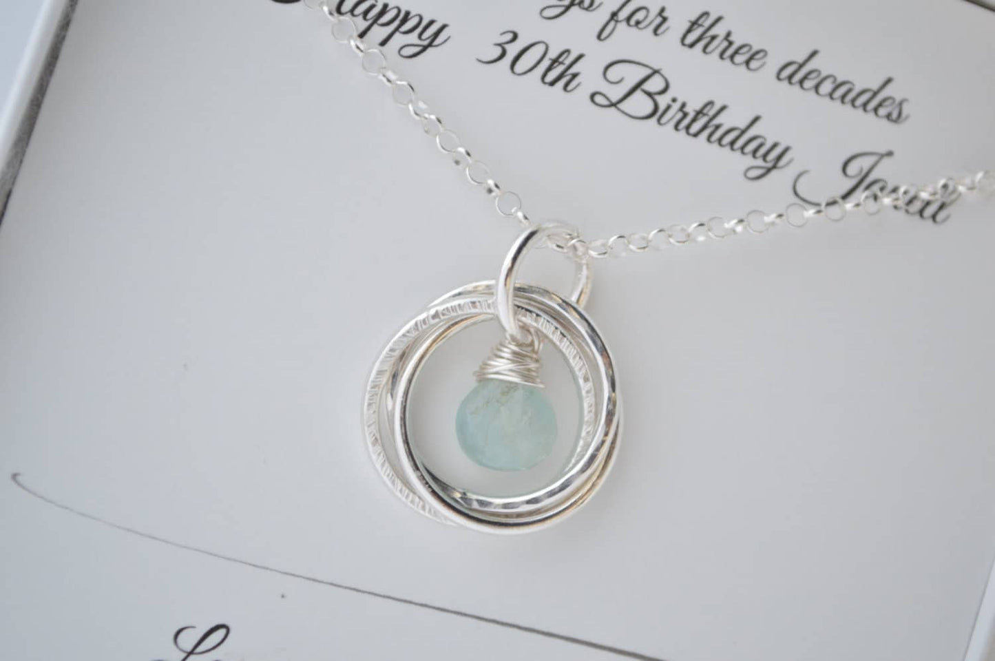 30th Birthday gift for daughter, Aquamarine birthstone necklace, 3 Sister necklace, 3rd Anniversary gift for her, 3 Rings for 3 Decades