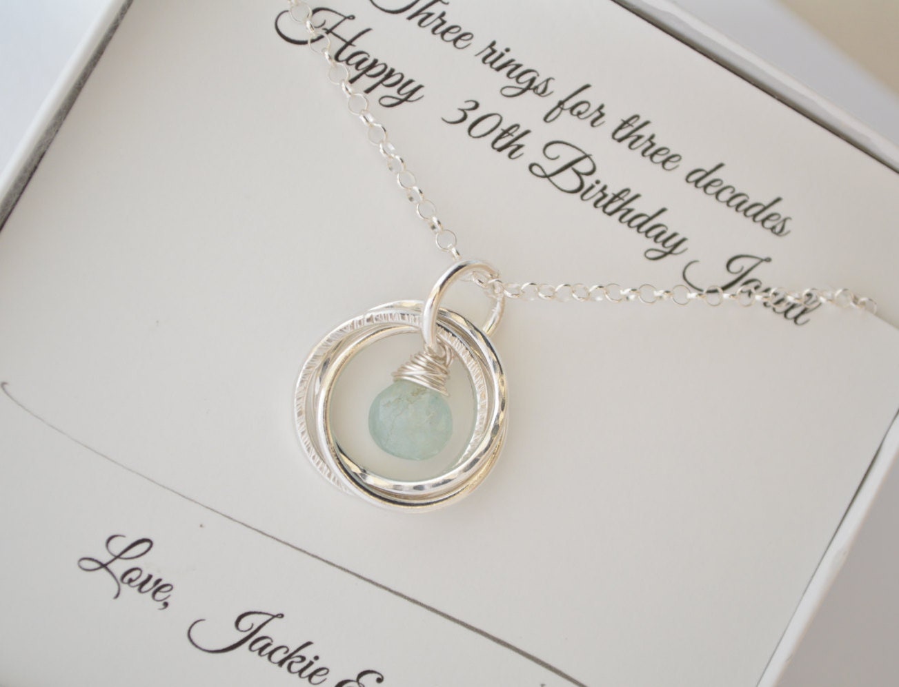 30th Birthday gift for daughter, Aquamarine birthstone necklace, 3 Sister necklace, 3rd Anniversary gift for her, 3 Rings for 3 Decades